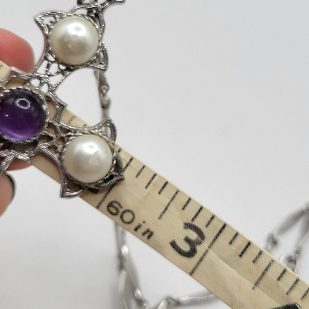 VTG Sarah Coventry Cross Pendant Necklace | Faux Pearl, Purple, Silver | SIGNED - Picture 6 of 8